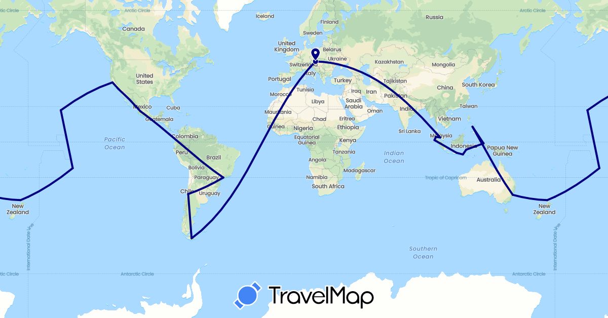 TravelMap itinerary: driving in Argentina, Austria, Australia, Brazil, Chile, France, Indonesia, Mexico, Malaysia, New Zealand, Philippines, United States (Asia, Europe, North America, Oceania, South America)